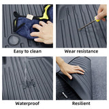 Four images demonstrate the BYD Seal Floor All Weather Floor Mats: being cleaned with a cloth, resistant to wear with a screwdriver, water being poured off, and flexibility with hand bending it. Text says "Easy to clean," "Wear resistance," "Waterproof," and "Resilient.