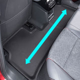 The rear seat area of the RHD BYD Seal showcases ample legroom with a double-headed blue arrow indicating the distance between the front and rear seats, complemented by BYD Seal Floor All Weather Floor Mats for enhanced car's interior protection.